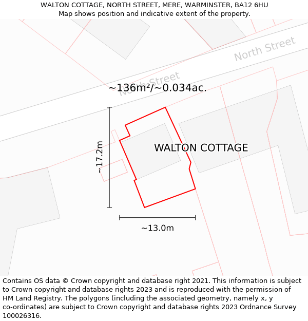 WALTON COTTAGE, NORTH STREET, MERE, WARMINSTER, BA12 6HU: Plot and title map
