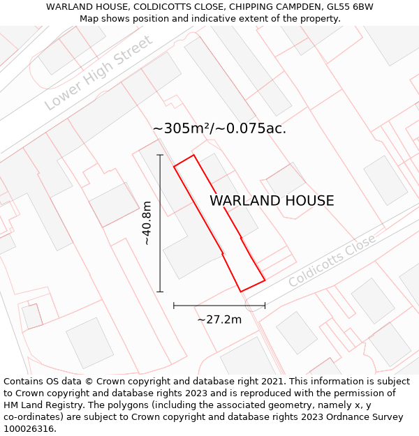 WARLAND HOUSE, COLDICOTTS CLOSE, CHIPPING CAMPDEN, GL55 6BW: Plot and title map