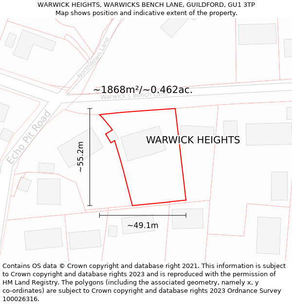 WARWICK HEIGHTS, WARWICKS BENCH LANE, GUILDFORD, GU1 3TP: Plot and title map