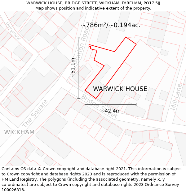 WARWICK HOUSE, BRIDGE STREET, WICKHAM, FAREHAM, PO17 5JJ: Plot and title map