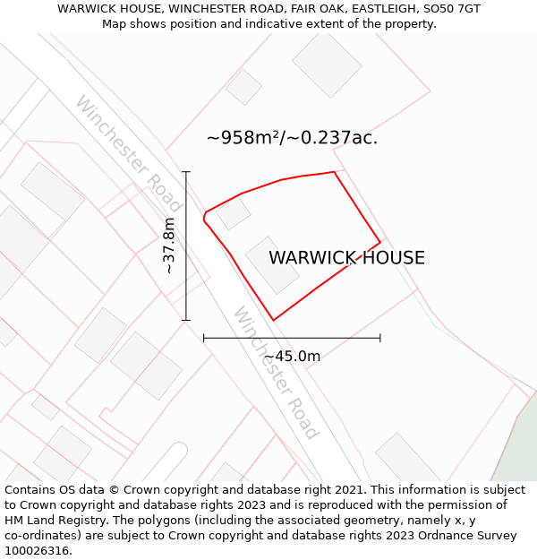 WARWICK HOUSE, WINCHESTER ROAD, FAIR OAK, EASTLEIGH, SO50 7GT: Plot and title map