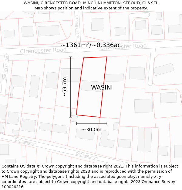 WASINI, CIRENCESTER ROAD, MINCHINHAMPTON, STROUD, GL6 9EL: Plot and title map