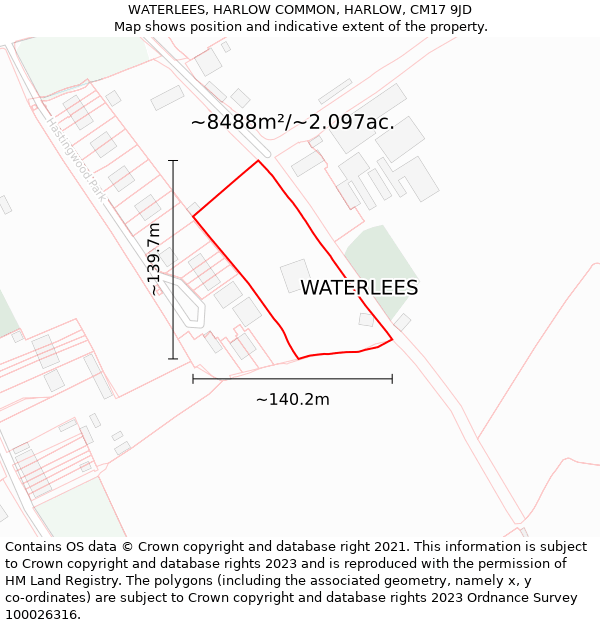 WATERLEES, HARLOW COMMON, HARLOW, CM17 9JD: Plot and title map