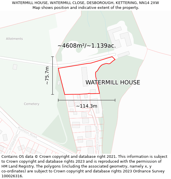 WATERMILL HOUSE, WATERMILL CLOSE, DESBOROUGH, KETTERING, NN14 2XW: Plot and title map