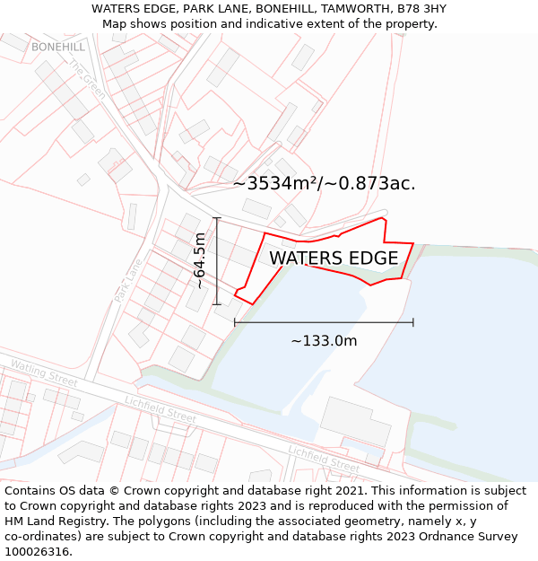 WATERS EDGE, PARK LANE, BONEHILL, TAMWORTH, B78 3HY: Plot and title map