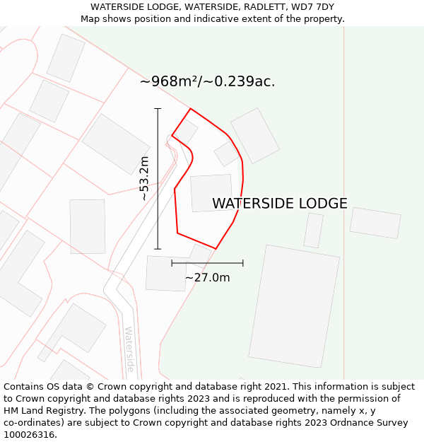 WATERSIDE LODGE, WATERSIDE, RADLETT, WD7 7DY: Plot and title map