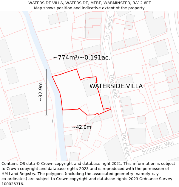 WATERSIDE VILLA, WATERSIDE, MERE, WARMINSTER, BA12 6EE: Plot and title map