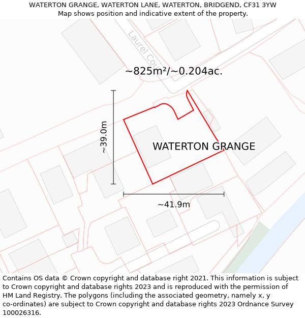 WATERTON GRANGE, WATERTON LANE, WATERTON, BRIDGEND, CF31 3YW: Plot and title map