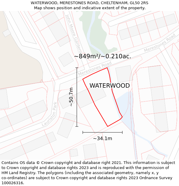 WATERWOOD, MERESTONES ROAD, CHELTENHAM, GL50 2RS: Plot and title map