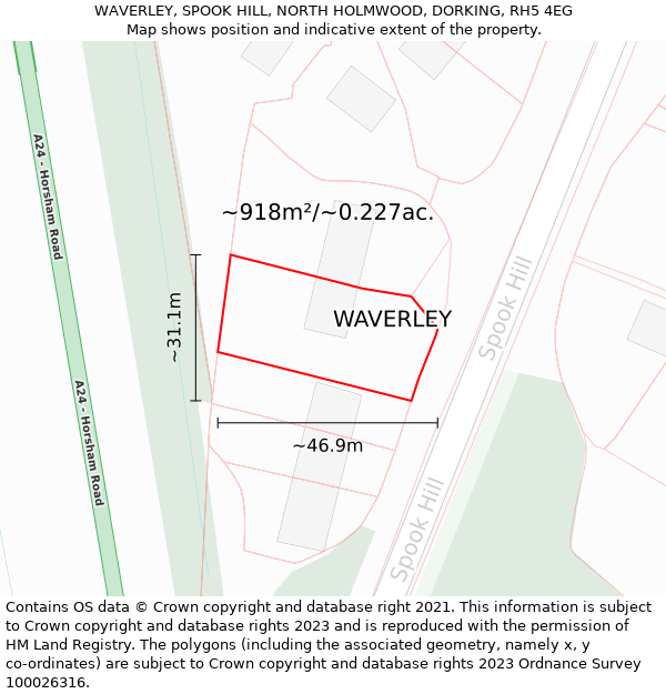 WAVERLEY, SPOOK HILL, NORTH HOLMWOOD, DORKING, RH5 4EG: Plot and title map