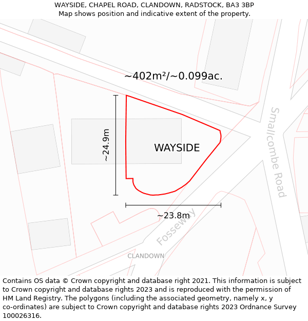 WAYSIDE, CHAPEL ROAD, CLANDOWN, RADSTOCK, BA3 3BP: Plot and title map