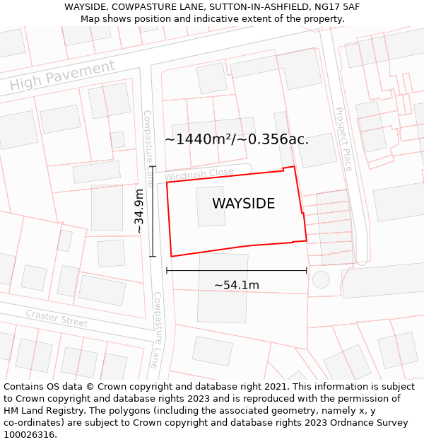 WAYSIDE, COWPASTURE LANE, SUTTON-IN-ASHFIELD, NG17 5AF: Plot and title map