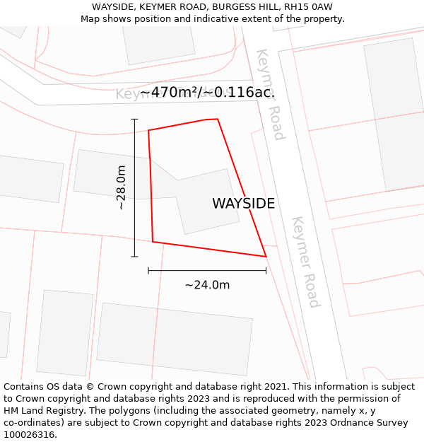 WAYSIDE, KEYMER ROAD, BURGESS HILL, RH15 0AW: Plot and title map