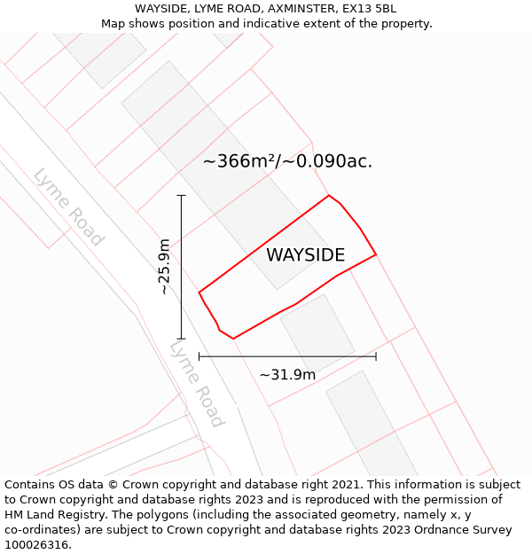 WAYSIDE, LYME ROAD, AXMINSTER, EX13 5BL: Plot and title map