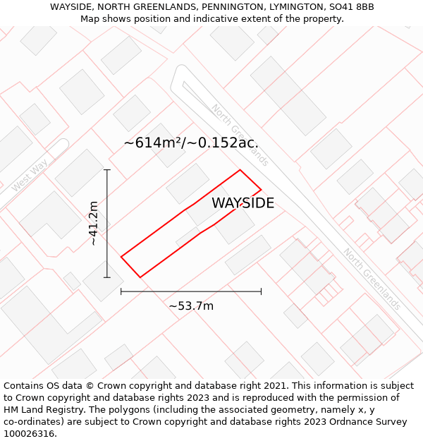 WAYSIDE, NORTH GREENLANDS, PENNINGTON, LYMINGTON, SO41 8BB: Plot and title map