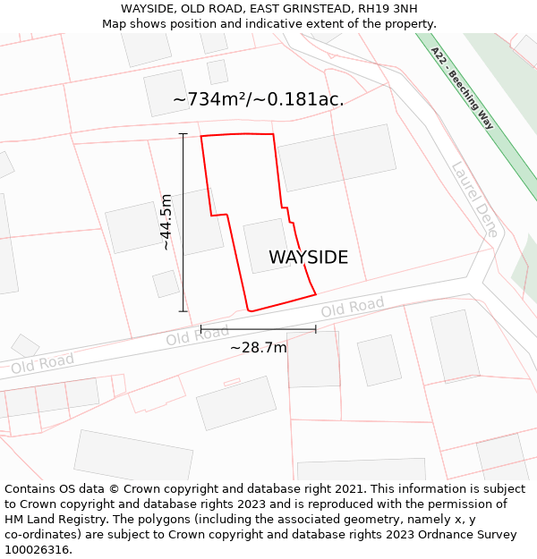 WAYSIDE, OLD ROAD, EAST GRINSTEAD, RH19 3NH: Plot and title map