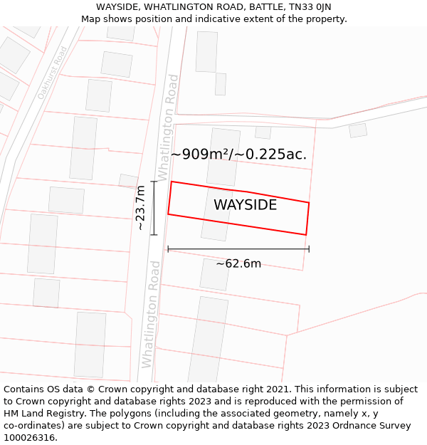 WAYSIDE, WHATLINGTON ROAD, BATTLE, TN33 0JN: Plot and title map