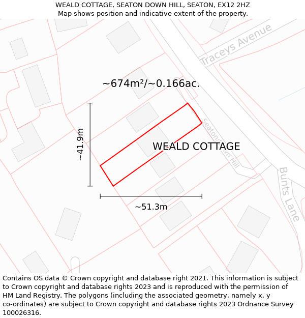 WEALD COTTAGE, SEATON DOWN HILL, SEATON, EX12 2HZ: Plot and title map