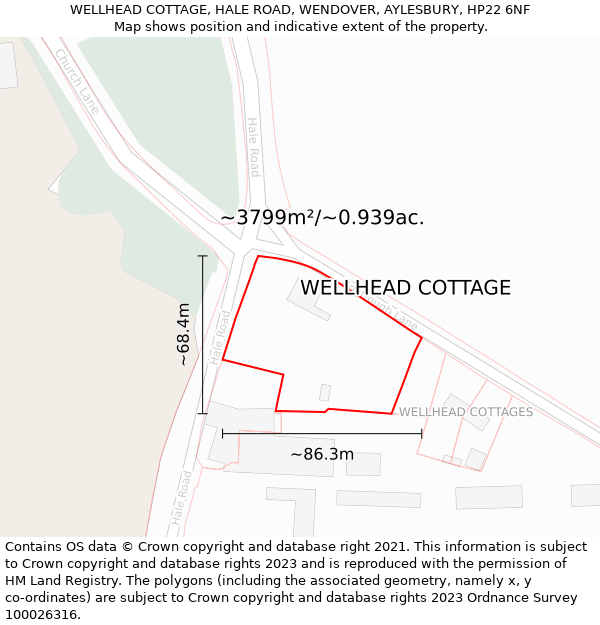 WELLHEAD COTTAGE, HALE ROAD, WENDOVER, AYLESBURY, HP22 6NF: Plot and title map