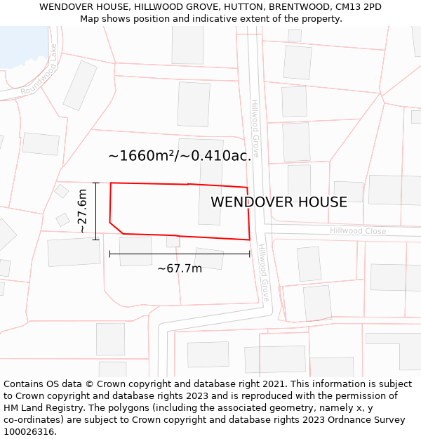 WENDOVER HOUSE, HILLWOOD GROVE, HUTTON, BRENTWOOD, CM13 2PD: Plot and title map