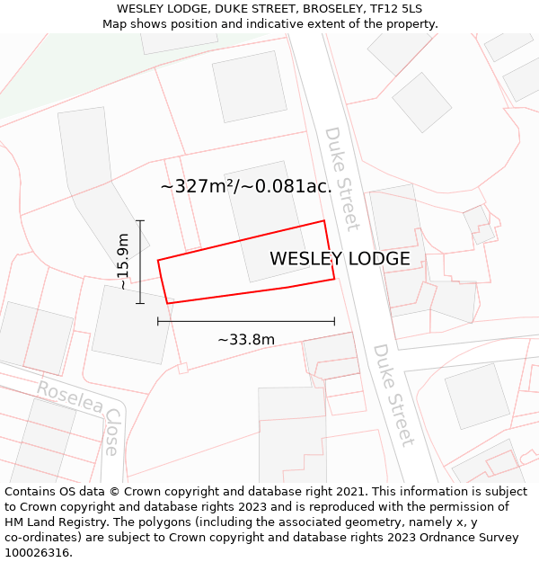 WESLEY LODGE, DUKE STREET, BROSELEY, TF12 5LS: Plot and title map