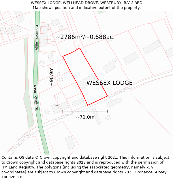 WESSEX LODGE, WELLHEAD DROVE, WESTBURY, BA13 3RD: Plot and title map