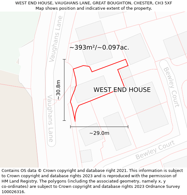 WEST END HOUSE, VAUGHANS LANE, GREAT BOUGHTON, CHESTER, CH3 5XF: Plot and title map