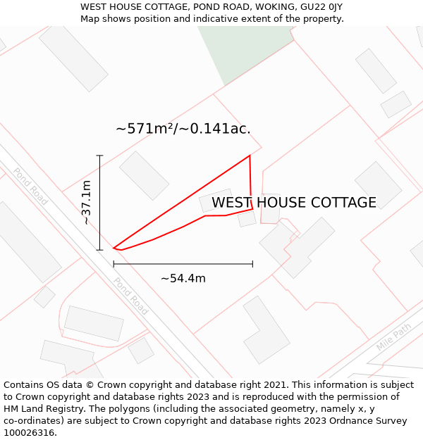 WEST HOUSE COTTAGE, POND ROAD, WOKING, GU22 0JY: Plot and title map