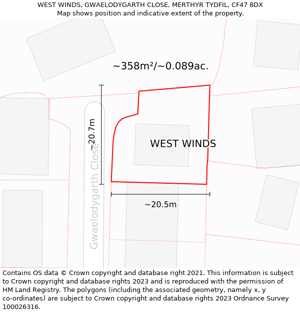 WEST WINDS, GWAELODYGARTH CLOSE, MERTHYR TYDFIL, CF47 8DX: Plot and title map