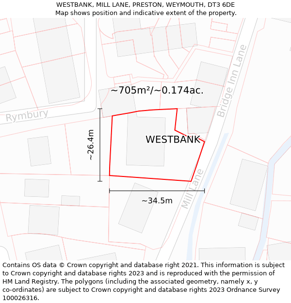WESTBANK, MILL LANE, PRESTON, WEYMOUTH, DT3 6DE: Plot and title map