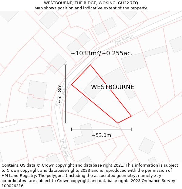 WESTBOURNE, THE RIDGE, WOKING, GU22 7EQ: Plot and title map