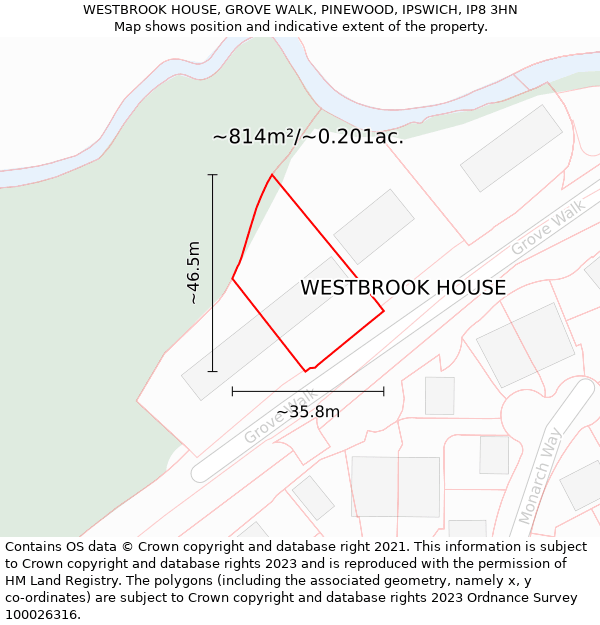 WESTBROOK HOUSE, GROVE WALK, PINEWOOD, IPSWICH, IP8 3HN: Plot and title map