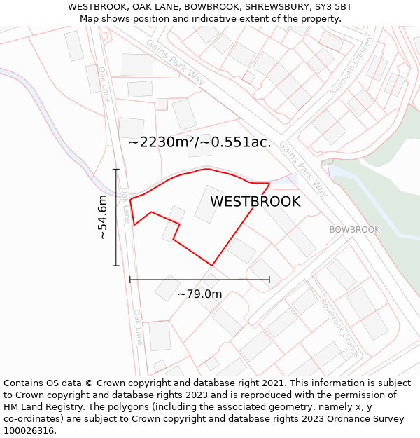 WESTBROOK, OAK LANE, BOWBROOK, SHREWSBURY, SY3 5BT: Plot and title map