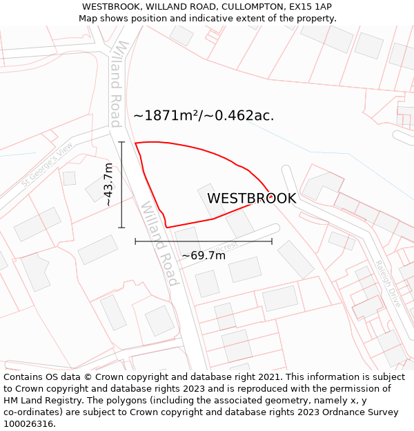WESTBROOK, WILLAND ROAD, CULLOMPTON, EX15 1AP: Plot and title map