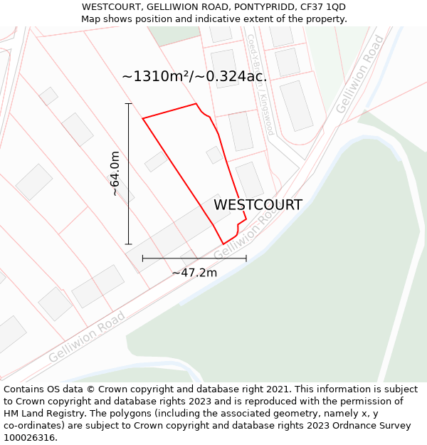 WESTCOURT, GELLIWION ROAD, PONTYPRIDD, CF37 1QD: Plot and title map