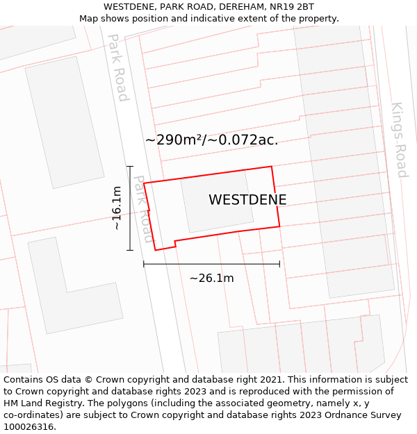 WESTDENE, PARK ROAD, DEREHAM, NR19 2BT: Plot and title map