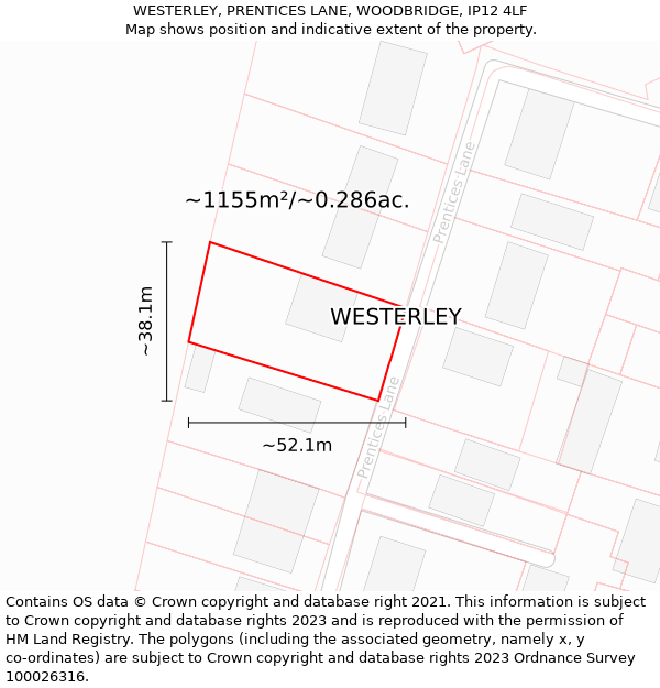 WESTERLEY, PRENTICES LANE, WOODBRIDGE, IP12 4LF: Plot and title map