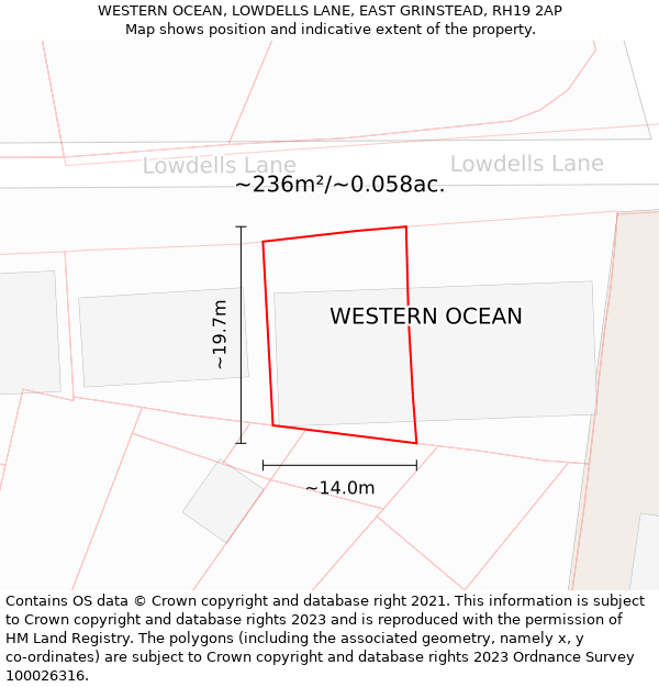 WESTERN OCEAN, LOWDELLS LANE, EAST GRINSTEAD, RH19 2AP: Plot and title map