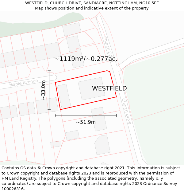 WESTFIELD, CHURCH DRIVE, SANDIACRE, NOTTINGHAM, NG10 5EE: Plot and title map