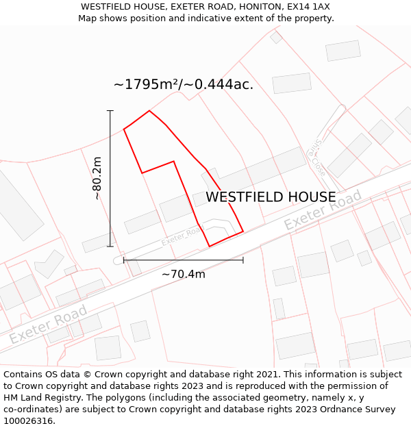 WESTFIELD HOUSE, EXETER ROAD, HONITON, EX14 1AX: Plot and title map