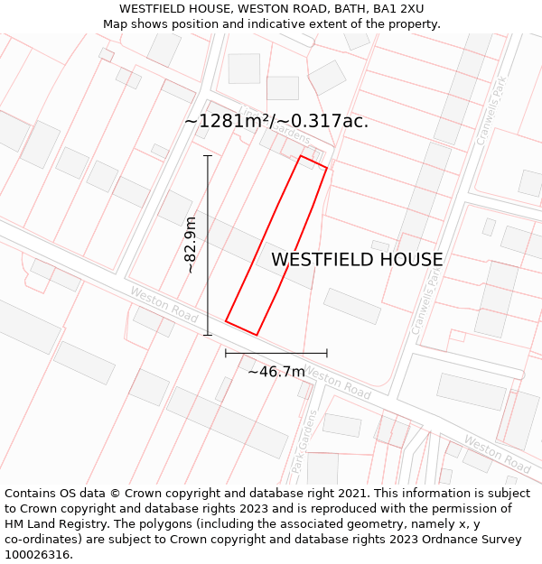 WESTFIELD HOUSE, WESTON ROAD, BATH, BA1 2XU: Plot and title map