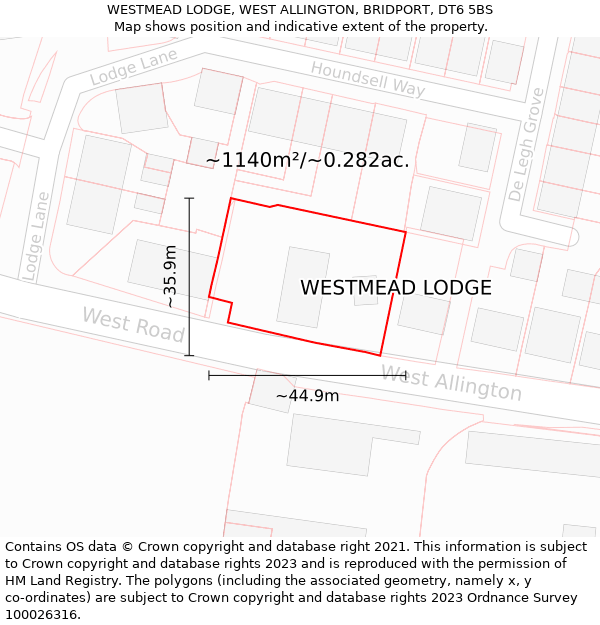 WESTMEAD LODGE, WEST ALLINGTON, BRIDPORT, DT6 5BS: Plot and title map