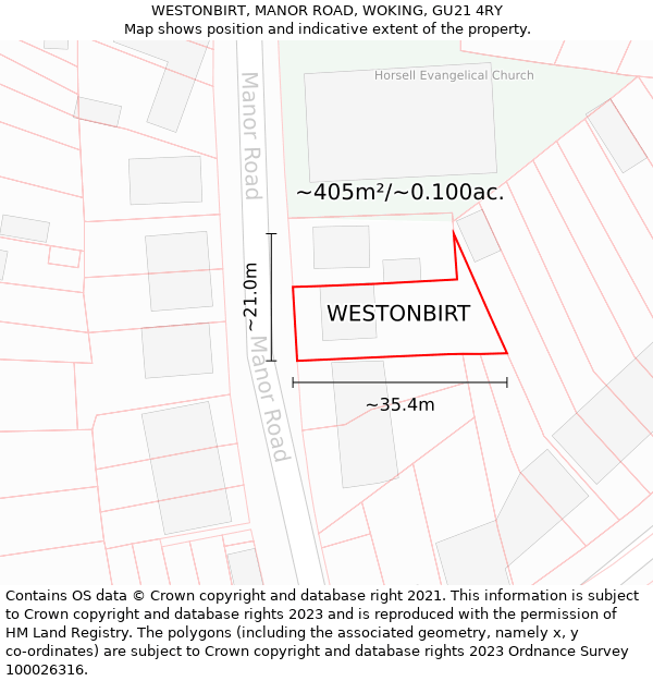 WESTONBIRT, MANOR ROAD, WOKING, GU21 4RY: Plot and title map