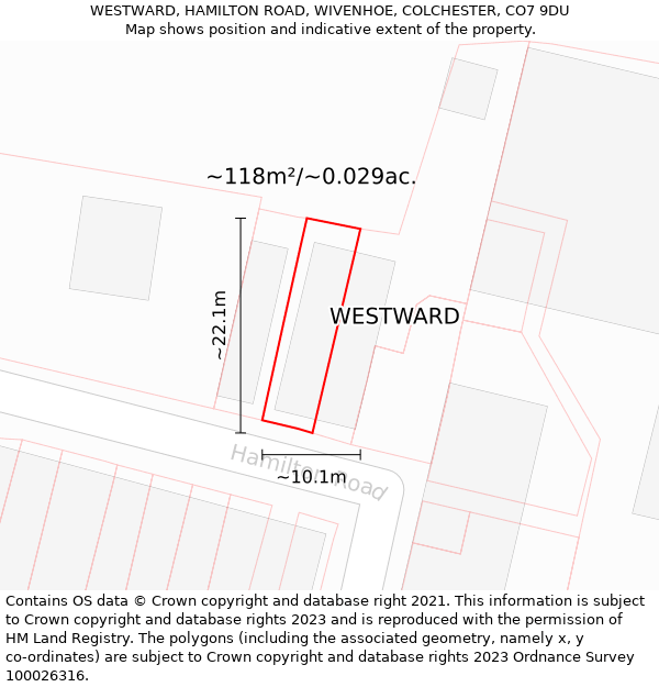 WESTWARD, HAMILTON ROAD, WIVENHOE, COLCHESTER, CO7 9DU: Plot and title map