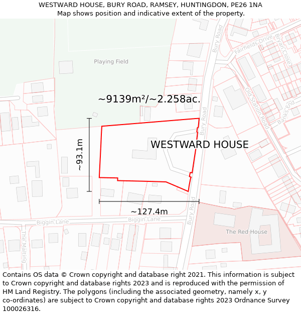 WESTWARD HOUSE, BURY ROAD, RAMSEY, HUNTINGDON, PE26 1NA: Plot and title map