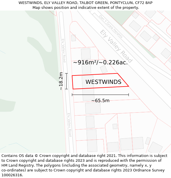 WESTWINDS, ELY VALLEY ROAD, TALBOT GREEN, PONTYCLUN, CF72 8AP: Plot and title map