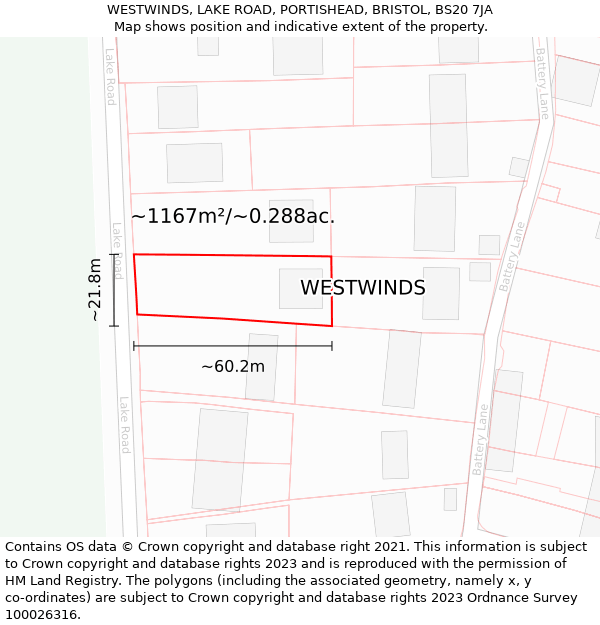 WESTWINDS, LAKE ROAD, PORTISHEAD, BRISTOL, BS20 7JA: Plot and title map