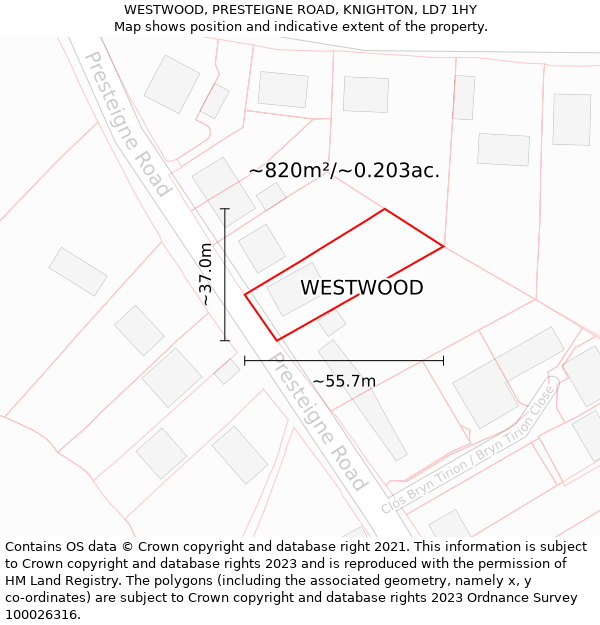 WESTWOOD, PRESTEIGNE ROAD, KNIGHTON, LD7 1HY: Plot and title map