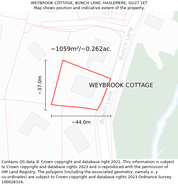 WEYBROOK COTTAGE, BUNCH LANE, HASLEMERE, GU27 1ET: Plot and title map