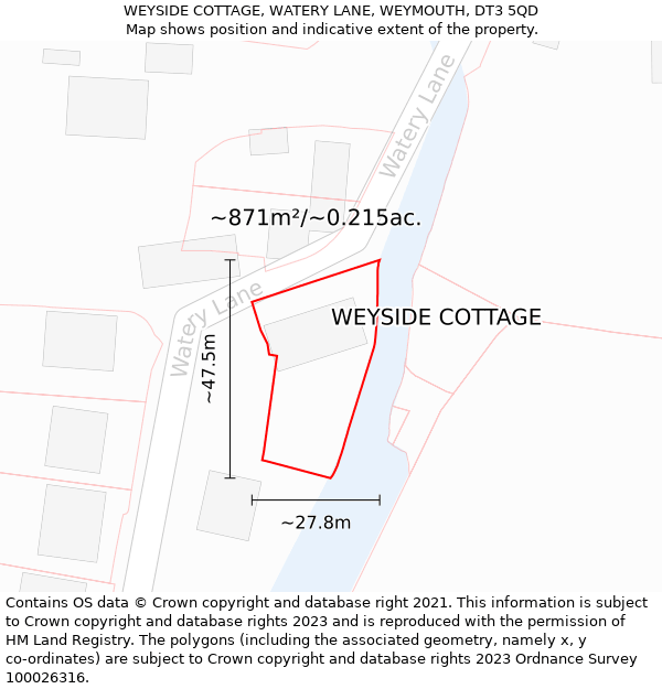WEYSIDE COTTAGE, WATERY LANE, WEYMOUTH, DT3 5QD: Plot and title map